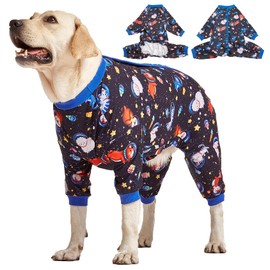 LovinPet Pijama grande para perros grandes – Mameluco calmante para la ansiedad, playera interior para abrigos de perro, pijama ligero y elástico de 4 patas, pijama para perros grandes, con estampado negro de animales espaciales, color negro, talla 3XL
