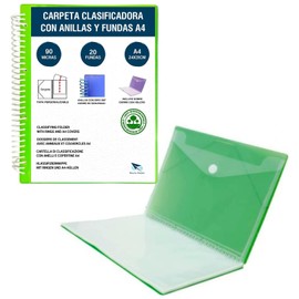 Raylu Paper® – Ring Folder with 90 Micron A4 Clear Sleeves and Envelope with Velcro Closure, Customizable Cover, 100% Biodegradable Sleeve Binder (20 Pockets, Green)