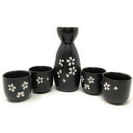 TJ Global 5-Piece Sake Set, Durable Ceramic Japanese Sake Set with 1 Carafe/Decanter/Tokkuri Bottle and 4 Ochoko cups for Hot or Cold Sake at Home or Restaurant - Black with White Flower Petal Design