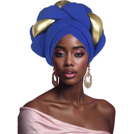Women's African Turban Head Wrap Braid Beanie Cap Headwear Crystals Twisted Head Turbans for Women (US, Alpha, One Size, Medium, Royal Blue)