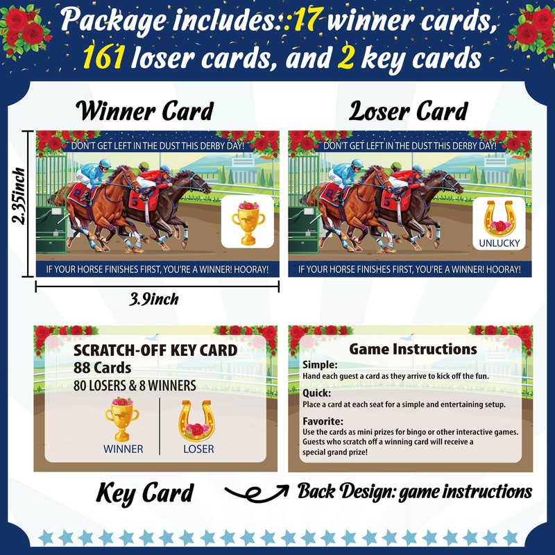 180Pcs Kentucky Horse Derby Scratch Off Cards Racing Game Party