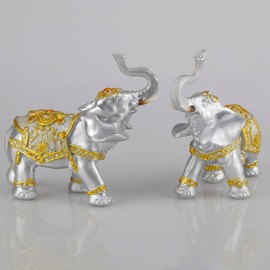 Wisifayardin Pair of 2 Elephant Statues Home Decor - Figurines with Trunk Up for Women - Silver and Golden Couple Elephant Figurines