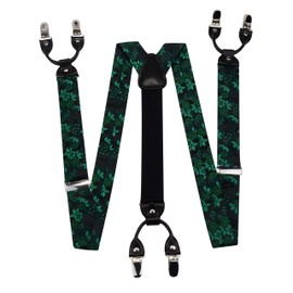 GUSLESON Mens Suspenders with Clips Green Flora Pre-Tied Adjustable Bow tie Pocket Square Set(0102-10)