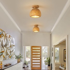 Wylitora 2 Pack Bamboo Flush Mount Ceiling Light Fixture Boho Natural Handmade Woven Small Semi Flush Mount Ceiling Light for Kitchen Bedroom Hallway Farmhouse Entry Hall