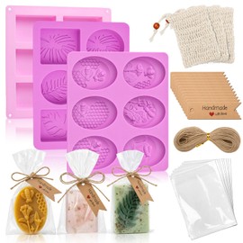 Supkiir 207 Pcs Soap Making Kit, Silicone Soap Making Molds with 3 Silicone Molds, 3 Sisal Foaming Bag Pouch, 100 Bags, 100 Tags and 65ft Jute Twine for Handmade Craft Soap, Jelly and Ice Cube Trays
