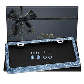 Bling License Plate Frame for Women, 1PCS Sparkly License Plate Frames| Over 1200 pcs 14 Facets Bedazzled Clear Glass Diamond Rhinestone Crystals w/Free Glitter Diamond Box (Light Blue)