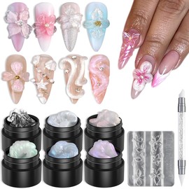 Fcozpjk Solid Builder Gel Kit, 6 Colors Non Sticky Hand Hard Gels for Nails Iridescent Pink Clear 3D Sculpting Gel with Silicone Carving Pen Flowers Mold Pearly Polish Manicure Salon Supplies