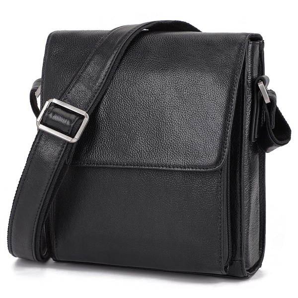 Augus Leather Messenger Shoulder Crossbody Bag for Men Work Business Vintage Magnetic Buckle Big Capacity Adjustable straps (Black)