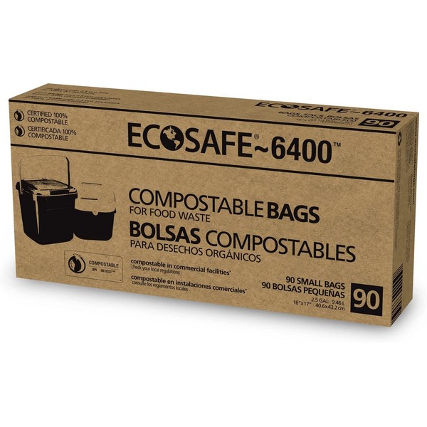 EcoSafe-6400 CP1617-6 Compostable Bag, Certified Compostable, 2.5-Gallon, Green (Pack of 90)