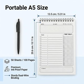 A5 Daily Planner Notebook Productivity Planner with To Do List Pages and Hourly Schedule Layout, Day Planner Organiser Notebook for Work, Study Office Time Management Planning Notes and Appointments