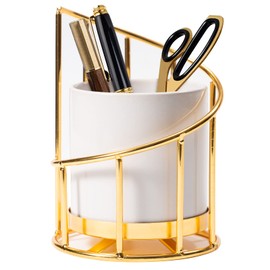 Engree White and Gold Pen Holder for Desk, Pencil Cup, Ceramic Pen Holder with Metal Frame, Makeup Brush Holder for Girls Women, Aesthetic Pencil Holder for Office Desk Accessories