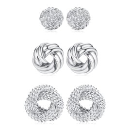 FIBO STEEL 3 Pairs Gold Knot Earrings For Women Men 14K Gold Plated Woven Ball Stud Earrings Simple Post earrings For Women Silver Tone