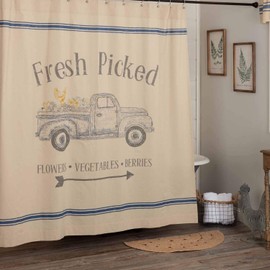Piper Classics Fresh Picked Shower Curtain, Printed Blue Farm Truck / Produce & Flowers, Farmhouse Style Bathroom Décor, Spring and Summer Décor
