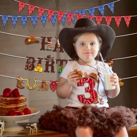 BTJiaDe 5 Pcs Happy Birthday Banner Western Party Decorations Hijab Triangle Banner Cowboy Hat Horse Wreath Western Birthday Party Supplies