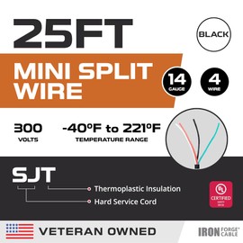 Iron Forge Cable 14/4 Mini Split Wire - 25ft, 300V, 14 Gauge 4 Conductor Wire with Connectors and Tape - 14-4 Copper Conductor Cable UL/ETL Certified