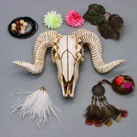 alikiki Animal skull head decor - 3D DIY Flower sheep head Wall Hanging - Boho Chic Decor Faux Taxidermy Ram Sheep head wall mount w/Dreamcatcher Feather for Bedroom Living Room 21pcs