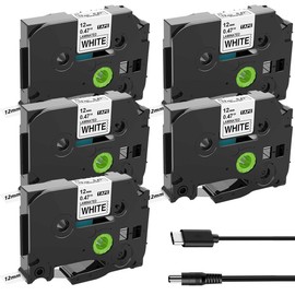 Acmerota 5Pcs Tze-231 Label Tape Replacement for Brother P Touch Label Black on White TZe TZ Tape 12mm 0.47 Laminated White Lable Maker Tape TZe231 for PT-D200 PT-H110 H105 D400 H101C