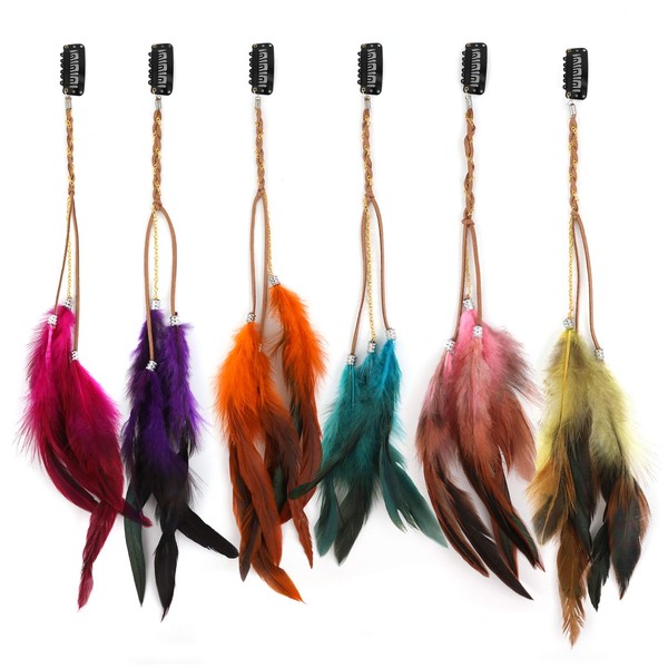 MWOOT 6Pcs Clip in Feather Hair Extension, Handmade Feather Extension, Women Halloween Costume Hair Accessories, Bohemian Hippie Hair Clips, Cosplay Native Tribal Feather Braided Beads Headdress