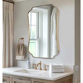 ANDY STAR 24"x36" Gold Mirror, Brushed Brass Scalloped Wall Mirror, Bathroom Wall Mirror with Stainless Steel Metal Framed Ideal for Bedroom, Hallway