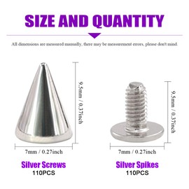 Swpeet 110 Pairs 7mm x 9.5mm Round Cone Spikes and Rivets Metal Screw Cap for DIY Leather Craft Cool Rivets Punk Rivets Coin Layer Silver