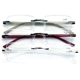 V.W.E. 3 Pairs of lightweight reading glasses with spring hinges and storage case - Rimless Modern Classic Design (3 Assorted Pairs, 1.50)