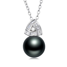 Black Pearl Necklace for Women 9-10mm Tahitian Love Knot Pearl Pendant Necklace 18k White Gold Plated Silver 18+2 Inches