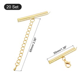 sourcing map 20Sets Slide on End Clasps with Lobster Claw Clasps & Extension Chain, 35mm Tube Slider Crimp Cord Ends for DIY Craft Making, Gold Tone