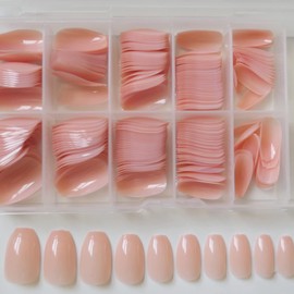LoveOurHome 240pc Short Coffin Press on Nails Colored Ballerina False Nails Glossy Artificial Fingernails Full Cover Tips with Adhesive Tabs (Nude)