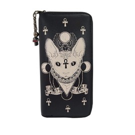 Gothic Bastet Zip Around Wallet Faux Leather Clutch Sphynx Cat Occult Goth
