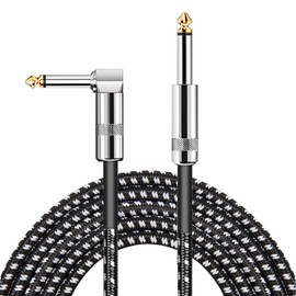 Mepsies Guitar Cable 10ft, TS 1/4 Inch Instrument Cable for Electric Guitar Bass, Braided Guitar Cord Amp Cord, Right Angle to Straight, Black White