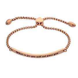 Personalize Quote What is for You Will Not Pass You Inspirational Mantra Bolo Bracelet for Women Teens Graduation Gift Rose Gold Plated Stainless Steel Adjustable Customizable