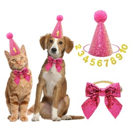 IDOLPET Dog Cat Birthday Hat Dog Cat Girl Boy Birthday Party Hat with Cute Bow Tie for Small Medium Puppies Dogs Cats Dog Wedding Collar Outfit (Pink)