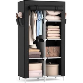 ROJASOP Portable Closet Wardrobe Closet for Hanging Clothes with 6 Storage Shelves, 1 Hanging Rod and 4 Pockets, Free Standing Closet Clothes Organizer for Bedroom, Sturdy and Easy Assemble