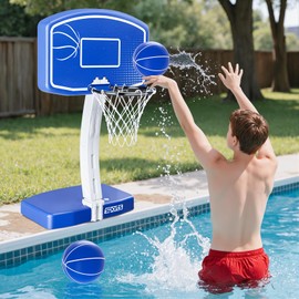 HYES Large Pool Basketball Hoop Poolside, Swimming Pool Basketball Game for Inground Pools, Water Basketball for Pool with 2 Balls and Pump, Summer Outdoor Toys for Kids Teens Adults