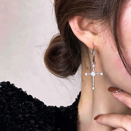 Erimberate Bohemian Crystal Cross Dangle Earrings Silver Cross Earrings Cz Paved Crucifix Drop Earrings Rhinestone Crucifix Hoop Earrings Jewelry for Women