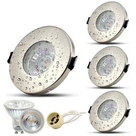 HiBay Set of 4 LED Recessed Spotlights IP44 Bathroom GU10 Ceiling Spotlights 68 mm Brushed Stainless Steel LED Spotlights 230 V Includes 5 W Warm White Bulb