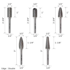 Carbide Burrs Set 5pcs, Double Cut Solid Carbide Rotary Burr Set 1/4" Shank for Die Grinder Drill,Metal Carving, Polishing,Engraving,Drilling