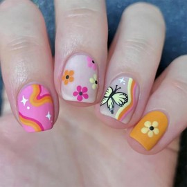 Flower Press on Nails Short Square Fake Nails with Butterfly Designs Orange False Nails Summer Stick on Nails Colorful Striped Full Cover Reusable Acrylic Nails for Women Girls Manicure 24Pcs