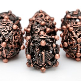 Metal DND Dice Set with Box 7pcs Hollow D&D Dice,Copper Polyhedral Dungeons and Dragons Dice Set Steampunk Polyhedral Dice Games Set for RPG,MTG,Pathfinder,D and D Dice Set (Round Dragon red Copper)