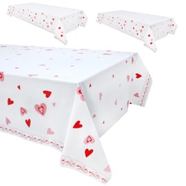 Pandecor Pink and Red Hearts Valentines Plastic Tablecloth,51" X 107" Table Cover for Valentine's Day (3)