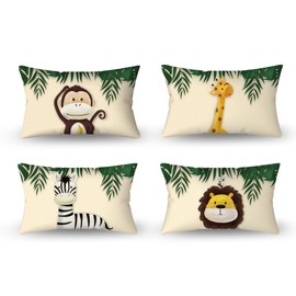 Aoihrraan 12 x 20 Inch Cute Cartoon Animal Cushion Covers Forest Monkey Giraffe Floral Plant Beige Square Linen Baby Decorative Throw Pillow Cover Children's Party Kid Sofa Bed Car, 31x51cm Set of 4