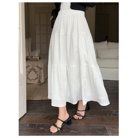 MakeMeChic Women's Boho Maxi Skirt Elastic High Waisted Cowboy Chic Pleated A Line Flared Flowy Long Skirts White Small