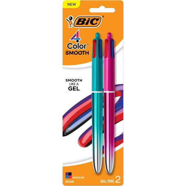 BIC 4-farbige, glatte einziehbare Kugelschreiber, mittlere Spitze (1,0 mm), 2