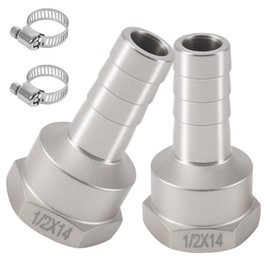 Pack of 2 Stainless Steel Hose Nozzles, 14 mm Barb to 1/2 Inch IG, Female Thread Hose Fitting with Barb, DN15 Barb Hose Connection, Hose Nozzle, for Water, Gas, Air, Oil
