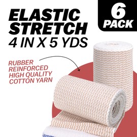 Elastic Bandage Wrap, 4 in x 15 ft Stretch, Hook & Loop Reusable Body Compression Bandage Wrap for Wrists, Elbow, Knees, Ankles & Feet (6)