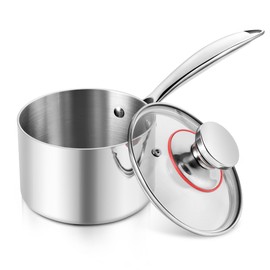 E-far 1-Quart Saucepan, Tri-Ply Stainless Steel Sauce Pan with Glass Lid, Small Cooking Induction Pot Compatible with All Cooktops, Non Toxic, Oven & Dishwasher Safe