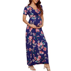 Xpenyo Women's Floral Maternity Dresses Summer Casual Short Sleeve V Neck Wrap Long Maxi Dress Pregnancy Clothes for Baby Shower, Photoshoot, Party, Daily, Nursing, Rose Floral Navy Blue M