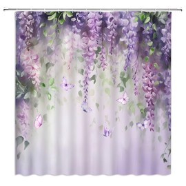 ZWSMZW Floral Butterfly Shower Curtain Purple Watercolor Flower Wisteria Lavender Spring Nature Plant Romantic Garden Bathroom Decor Fabric Curtains with Hooks