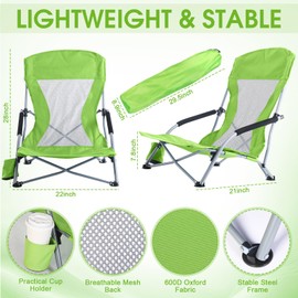 Huwena 2 Pack Beach Chair for Adult with 2 Umbrella Low Folding Chair Detachable Adjustable Lightweight with Armrests Cup Holder Carry Bag Portable for Sand Camping Travel Outdoor Pool (Fruit Green)