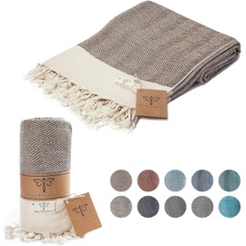 Smyrna Turkish 100% Cotton Herringbone Cuddly Blanket | Best Quality | Large 127 x 152 cm Cuddly Blanket | Made in Turkey | Machine Washable | Premium Luxury Bath Towel & Picnic Blanket - Latte